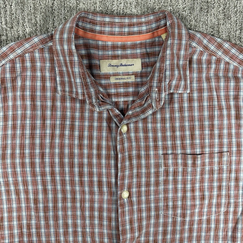 Tommy Bahama Shirt Mens Extra Large 100% Silk Blue Orange Hawaiian Plaid Beach